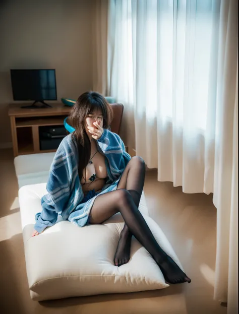 There was a woman sitting on the floor taking pictures of herself, blue衣服, blue套装, wearing a blue连帽衫, 穿blue的, blue心情, plaid tights, blue衣服, wearing a neon blue连帽衫, blue连帽衫, blue长发, blue毛衣, blue, blue紧身封闭长外套, 冷blue调, blue调, 身穿blue