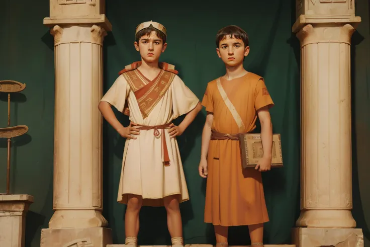 Rome, 77 BC. A little ((((9-year-old)) Julius Caesar)), with one friend , same height, standing in formation, Campus Martius, ((serious expression)). ((((roman clothings from the 1st century BC))))