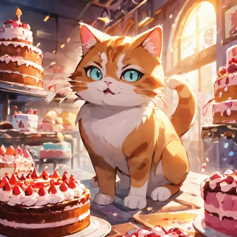 Cute cat with round eyes, At the cake shop , sunlight outside the window ,An illustration.