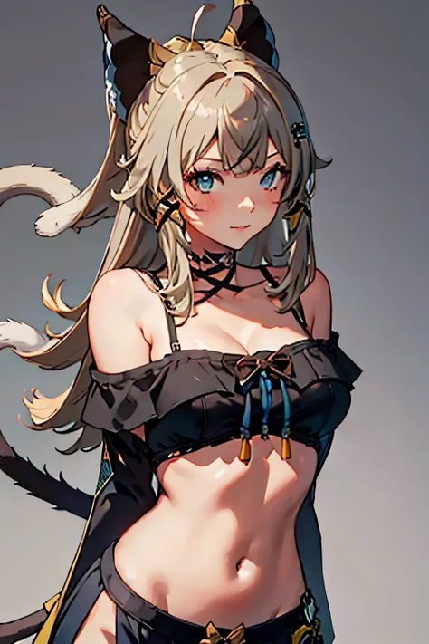 masterpiece， highest quality， 1 girl， gray background，off-the-shoulder costumes，small breasts，cleavage，cat tail