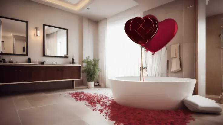 hyper ultra realistic photographs full body of Draw a hot bath and sprinkle the surface with rose petals and floating candles. Place a vase of red roses next to the bathtub and hang shimmering heart balloons from the ceiling above. Offer your partner a gla...