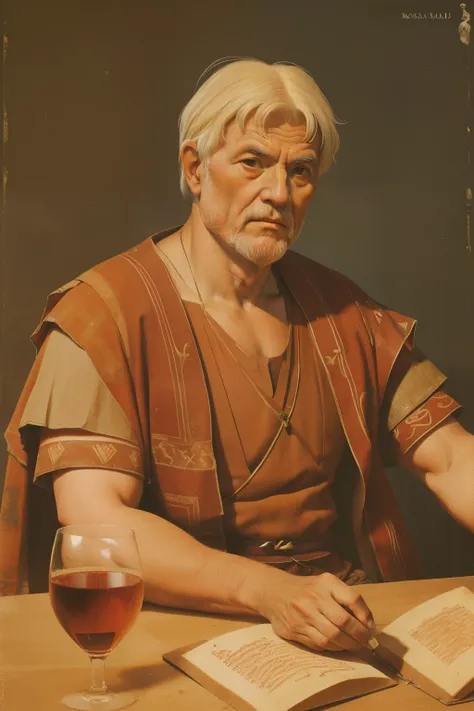 Rome, 77 BC. A ((((67-year-old)) Gaius Marius)), in a tabern, drinking wine,, ((serious expression)). ((((roman clothings from the 1st century BC))))