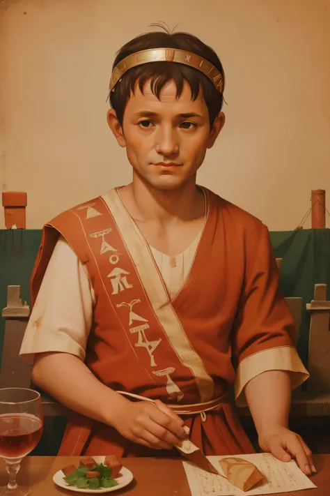 Rome, 77 BC. A little ((((9-year-old)) Julius Caesar)), in a tabern, drinking wine,, ((happy expression)). ((((roman clothings from the 1st century BC))))