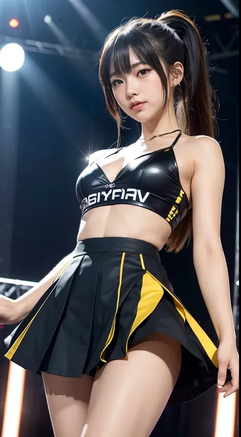 Girl is at the night rave festival、cheerleaders、pleatedskirt、Ponytail Hair、Realistic and beautiful Japan woman、18year old、（round and large chest）、perfectly proportions,The rays from the LED screen and stage are、Create cinematic lighting effects、Make the sc...