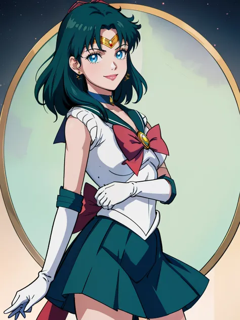 fembyleth, blue hair, blue eyes, sailor senshi uniform, deep green skirt, elbow gloves, tiara, deep green sailor collar, red bow...