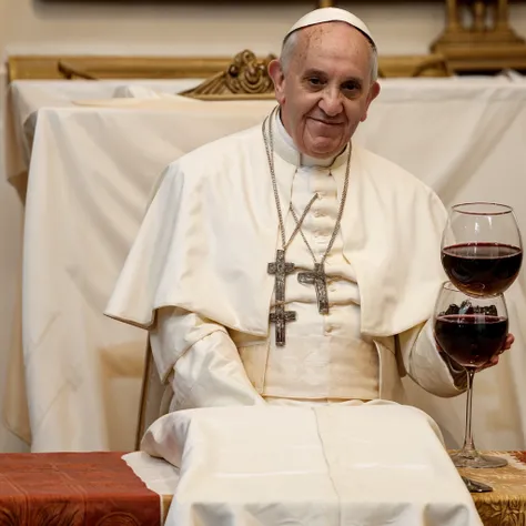 view from afar, wide shot from above, wide-angle, drunken pope francis laying on an altar. (white tablecloth stained with red wi...