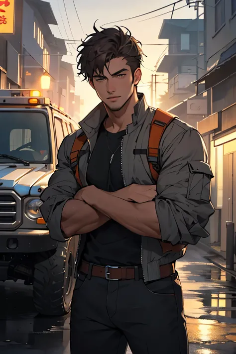 A handsome man leaned against an off-road vehicle with both hands in his arms. The lights were hazy, along the mottled streets((best quality)), ((masterpiece)), (detailed), perfect face