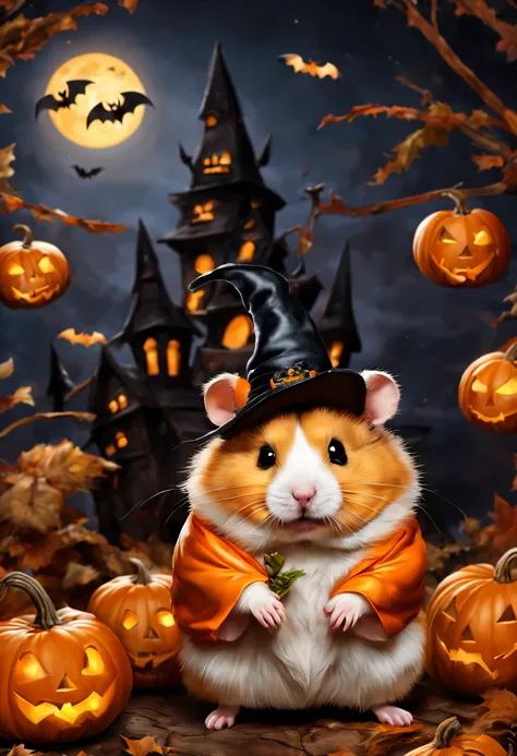 Hamster Halloween,(Hamsters enjoying Halloween),masterpiece,highest quality,Fluffy hamsters,a bit,cute,Futebutesi,fun,Beautiful fur,fluffy fur,squash,Jack-o-lantern,the bats,Halloween Backgrounds，anatomically correct