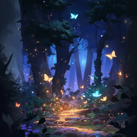 forest path cartoon scenery，butterflies flying around, enchanted forest with fireflies, magical environment, enchanted forest, magic fairy forest, firefly forest at night, anime lush john 8k forest, Enchanted Jungle, magical background, enchanted forest in...