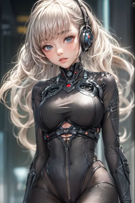 delicate face, 20-year-old kpop idol cyborg girl, dark(carbon fiber high leg cut leotard), Chest opening, {{angled bob}}, (big breasts:1.25), (mechanical joint), bangs, attractive curves, mid pelvis, seaside, standing posture, beach, glowing skin, ((puffya...