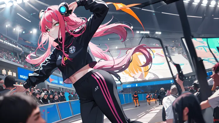 ((Meisterwerk:1.4, best quality))+, (Ultra-detailliert)+, hell oranges Haar , Wolfsschnitt, pinke Augen, soccer stadium, soccer game,gewellte haar, soccer shirt tight to the body, Kleidung, soccer elements,Coole Bewegung,silberne hautfarbe,bunter hintergru...