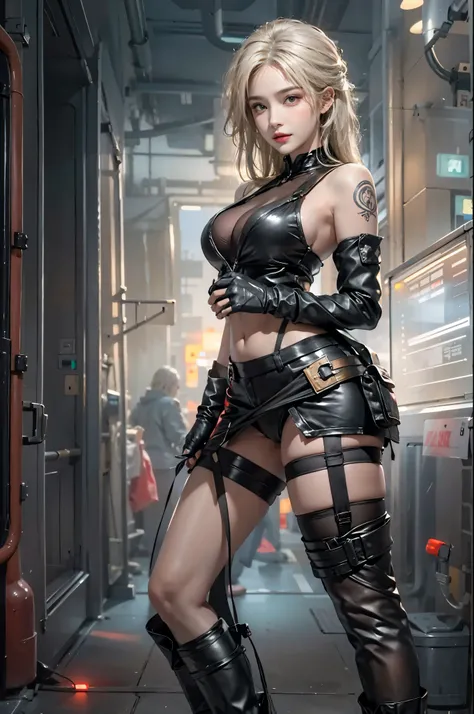 realistic, High resolution, soft light,1 female, alone, hip up, glowing skin, (detailed face),tattoo, jewelry, Bizarre uniform, black stockings, garter belt, night, blonde hair, wavy hair, Beautiful Soldier, Eyes that invite the viewer, lover&#39;s perspec...