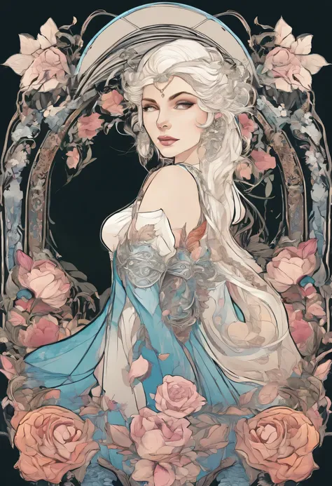 Human woman with fair skin and white hair., princess, dark light armor with cleavage, Light blue eyes, RPG character, dark sword on your back, Rose petals border, strange, Visually rich, Pieces of color, ink lines, a high resolution