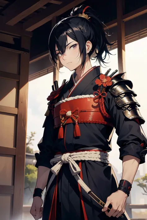 Ogura Eito, top-quality samurai with full limbs and complete fingers, clad in traditional armor, exuding a sense of slenderness and beauty with straight black hair tied in a ponytail. His piercing, small eyes gleam with determination as he bends his body s...