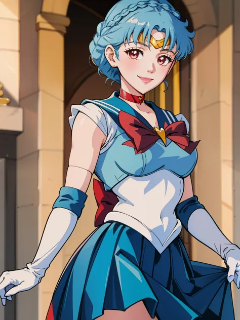 marianne von edmund, crown braid ,sailor senshi uniform, blueskirt, elbow gloves, tiara, blue sailor collar, red bow, bluechoker...