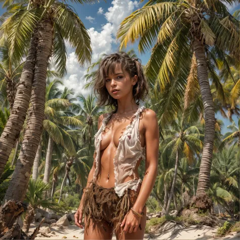 best quality, masterpiece, highres, 1girl, marooned on a tiny tropical island, torn clothes, disheveled hair, old clothes, tanne...