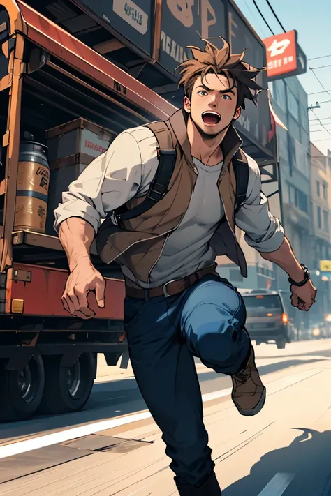 A man jumps into a speeding truck carriage((best quality)), ((masterpiece)), (detailed), perfect face