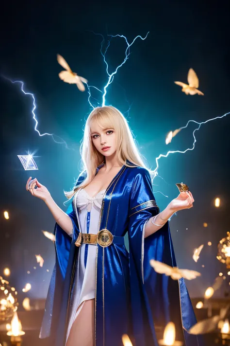 masterpiece, ultra high quality CG, highest quality, perfect picture, alone,middle ages,Lightning surrounds the body,Decorated blue magic robe,20th generation,blonde,woman,Beauty,magician,Royal Palace Garden