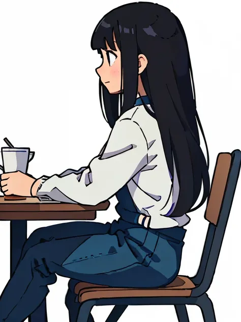 Perfect anime illustration, side view illustration of a girl having long black hair with bangs, sitting on a table looking ahead, she is hapy