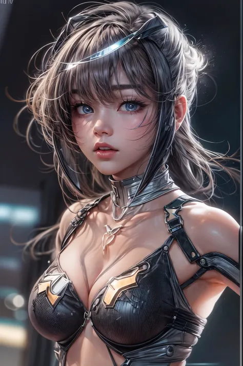 delicate face, 20-year-old kpop idol cyborg girl, dark(carbon fiber high leg cut leotard), Chest opening, {{angled bob}}, (big breasts:1.25), (mechanical joint), bangs, attractive curves, mid pelvis, seaside, standing posture, beach, glowing skin, ((puffya...