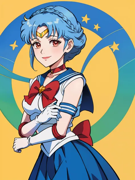 marianne von edmund, short hair ,crown braid ,sailor senshi uniform, blueskirt, elbow gloves, tiara, blue sailor collar, red bow...