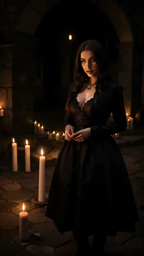 (a vampire),bat-shaped,bloody,sharp teeth,standing,in front of(a haunted castle),circle of candles,pentagonal circle(black magic),(best quality:1.2),ultra-detailed,(realistic:1.37),horror,gothic lighting,vibrant colors