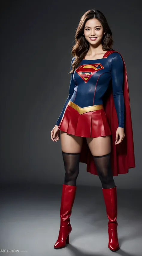 no background、short hair、supergirl costume、Snug costume、(((stretch your legs、tall、Legally express the beauty of your smile)))、((((Get the most out of your original images)))、(((supergirl costume、torn、Tattered、being destroyed)))、(((beautiful hair)))、(((I...