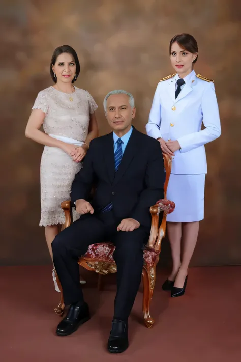 arafed man in a suit and tie sitting on a chair with two women, ceremonial portrait, formal portrait, high quality portrait, family portrait, official photo portrait, full body photograph, family photo, portrait n - 9, imperial portrait, portrait full body...