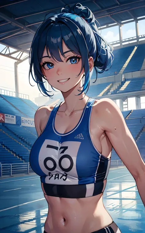 Unity 8K Wallpaper, Masterpiece, Best Quality, Ultra Detailed, Extremely Detailed CG, Ultra High Resolution, Caustics, Detailed, Beautiful Detailed Eyes, upper body shot, blue hair, (naughty smile:1.3, athletics stadium, brighten the subject, running trunk...