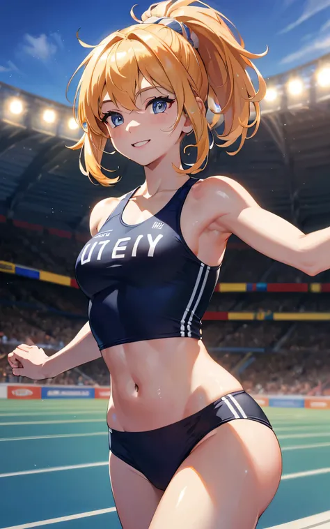 Unity 8K Wallpaper, Masterpiece, Best Quality, Ultra Detailed, Extremely Detailed CG, Ultra High Resolution, Caustics, Detailed, Beautiful Detailed Eyes, upper body shot, (light smile:1.3, athletics stadium, brighten the subject, running trunks),
