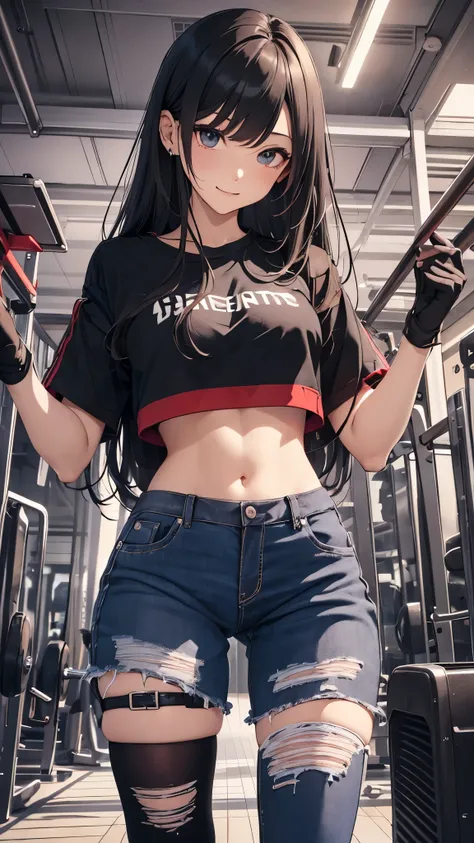 最high quality、Best image quality、masterpiece、teenage girl((18 years old、 by becoming、vest bust、medium bust,Big chest tea、black eyes, black hair、long hair、thin,highest valley、Tattered black t-shirt(2:3)、cute smile,damaged pants(2:3)、perforated gloves、knee s...