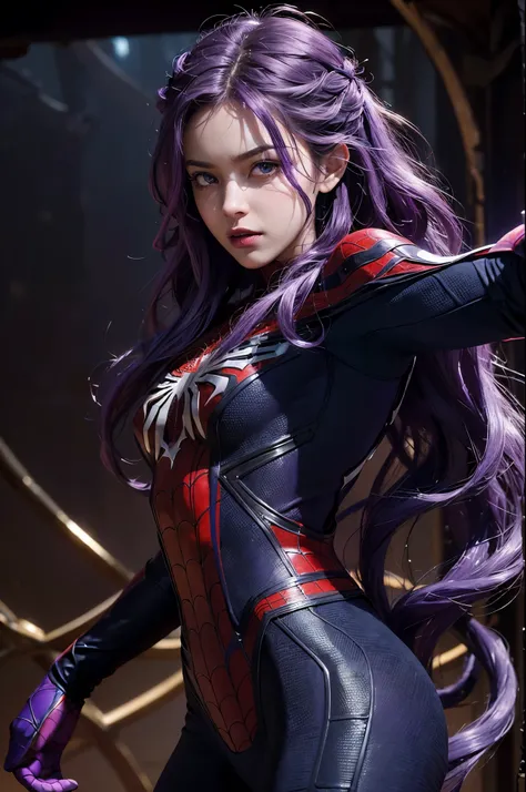 (Extreme Detail CG Unity 8K wallpaper, masterpiece, highest quality), (Exquisite lighting and shadow, highly dramatic picture, Cinematic lens effect), a beautiful girl in a purple Spider-Man costume, purple curly hair color, long hair, braiding hair, beaut...