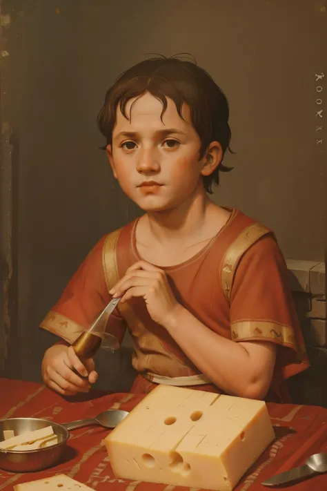 Rome, 77 BC. A little boy  ((((9-year-old)) Julius Caesar)), in a tabern, drinking wine, eating cheese, ((happy but moody expression)). ((((roman clothings from the 1st century BC))))