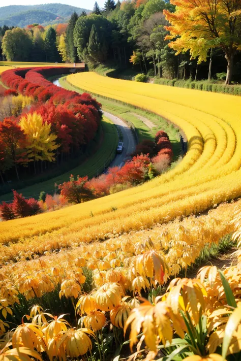 The colors of autumn unfold like a scroll，warm sunlight、golden rice fields、crimson maple leaves，constitute a beautiful picture。