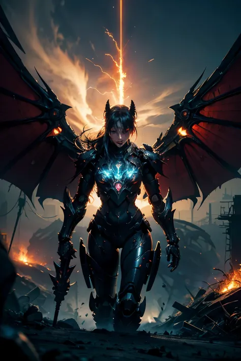 (Top Quality, 8k), Beautiful Succubus Warrior in Neon Mecha Armor Holding a Staff, Glowing Light Eyes, Demon Wings, Wide Shot, Biomechanical, Eerie, Creepy, Nightmarish, Very Bright Neon Colours, Light Particles Glowing, Winner of the Years Best Photo, The...