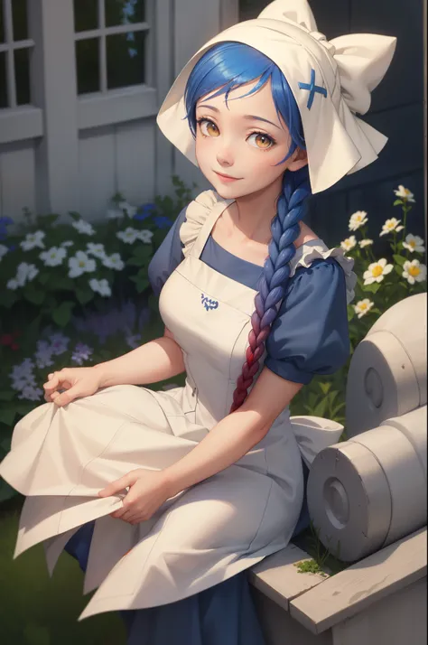 masterpiece, best quality, lilith, single braid, bonnet, blue dress, white apron, upper body, smile, closed mouth, nervous, look...