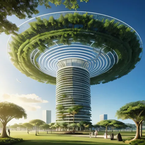 huge futuristic building shaped like a banyan tree，the canopy is a platform for vast stacks of leaf-like solar panels，the trunk ...