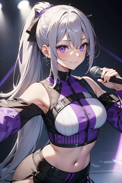 Innocent Girl, gray hair, ponytail, purple eyes, white and purple long tops, Black hot pants with complex patterns, right hand microphone, In-ear, on stage, winked, Extend one hand forward, realistic lighting, masterpiece, high detail, detailed eyes, detai...