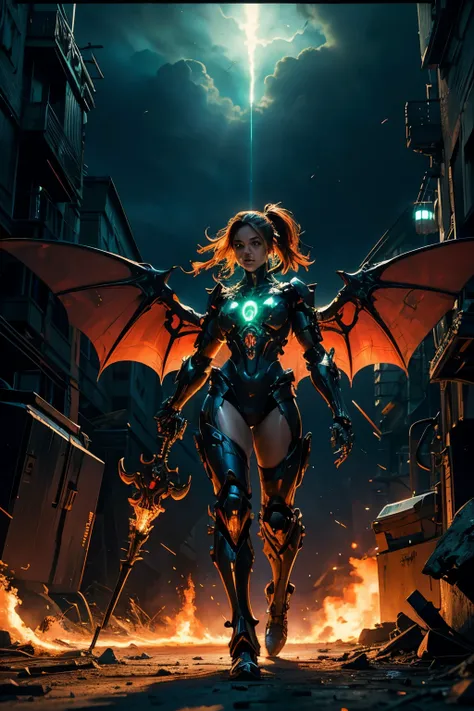 (Top Quality, 8k), Beautiful Succubus Warrior in Neon Mecha Armor Holding a Staff, Glowing Light Eyes, Demon Wings, Wide Shot, Biomechanical, Eerie, Creepy, Nightmarish, Very Bright Neon Colours, Light Particles Glowing, Winner of the Years Best Photo, The...