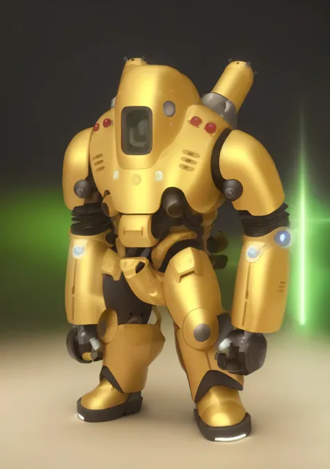 There is a picture with a green light, Mechasuit, Mechasuit, Yellow human-sized warforged, Mecha本体, Mecha, full body Mechasuit, 全身Mecha, 海洋朋克Mecha, painterly 人形Mechaa, 人形Mecha, suit, Brown exoskeleton, space suit，3D effect，actual，Reality，3D modeling effect...