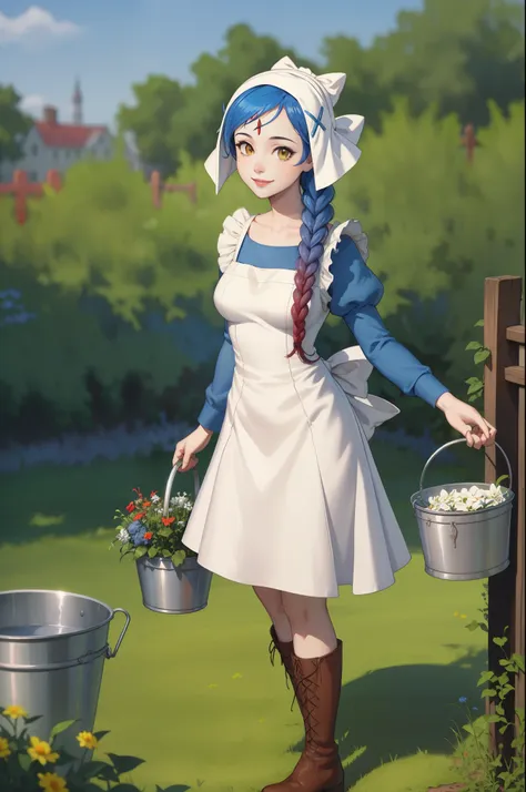 masterpiece, best quality, lilith, forehead jewel, single braid, bonnet, blue dress, white apron, knee boots, standing, garden, ...