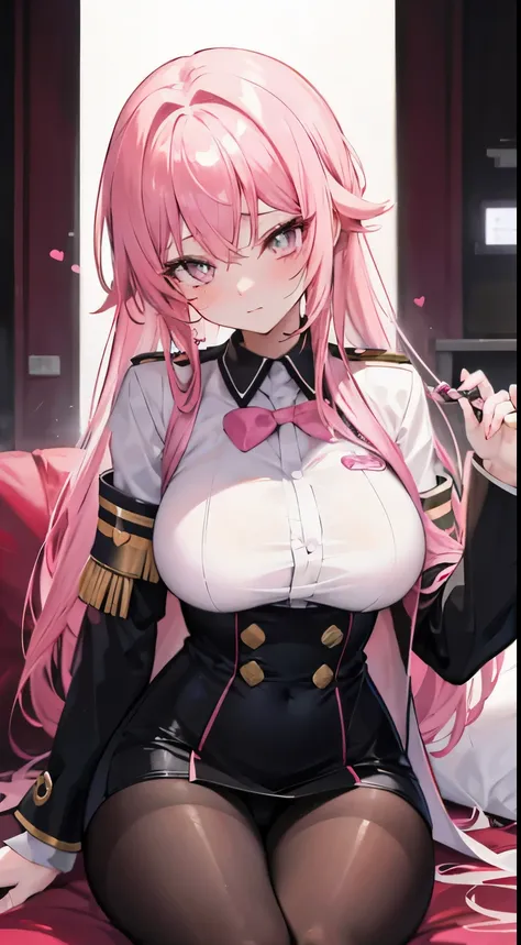 Pink hair yellow eyes with heart shape pupils in  blushing while sitting, wearing a sexy uniform.