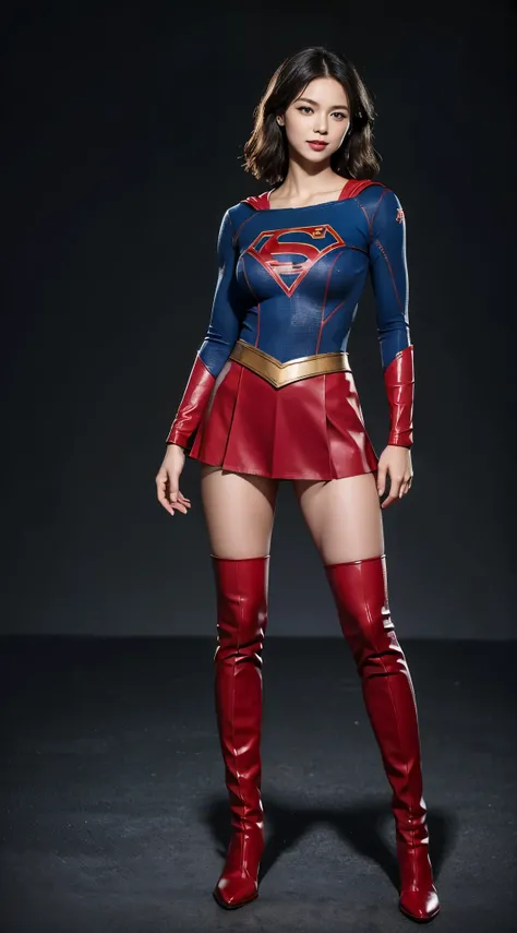 no background、short hair、supergirl costume、Snug costume、(((stretch your legs、tall、Legally express the beauty of your smile)))、((((Get the most out of your original images)))、(((supergirl costume、torn、Tattered、being destroyed)))、(((beautiful hair)))、(((I...