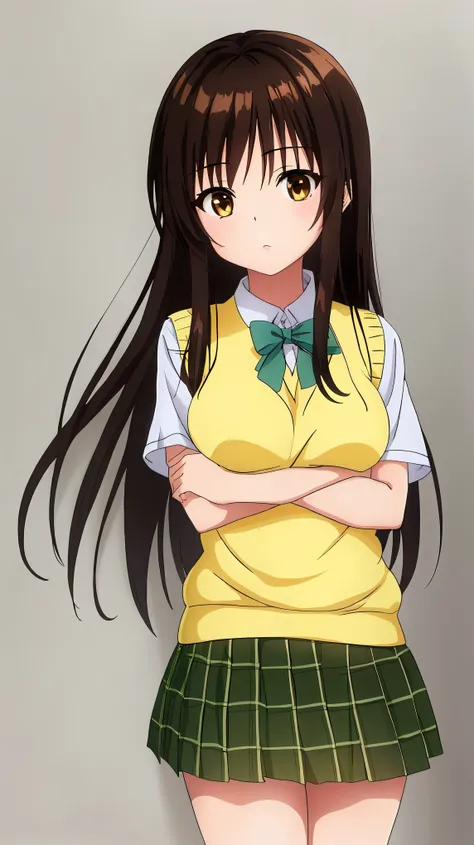 yui kotegawa, black hair, (brown eyes:1.5), long hair,, green skirt, plaid, plaid skirt, sainan high , , skirt, sweater vest, (yellow sweater:1.3), short sleeves,
