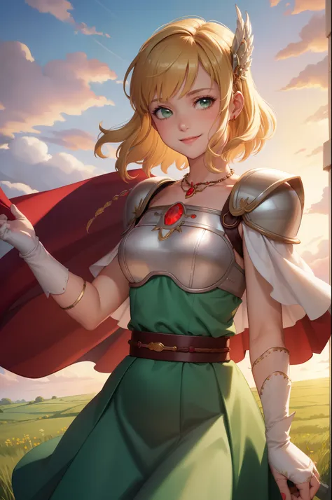 masterpiece, best quality, nanna, hair ornament, necklace, armor, red cape, green dress, belt, white gloves, upper body, looking at viewer, smile, field, sky, sunset, 