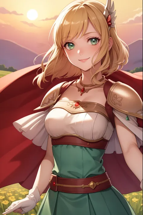 masterpiece, best quality, nanna, hair ornament, necklace, armor, red cape, green dress, belt, white gloves, upper body, looking at viewer, smile, field, sky, sunset, 