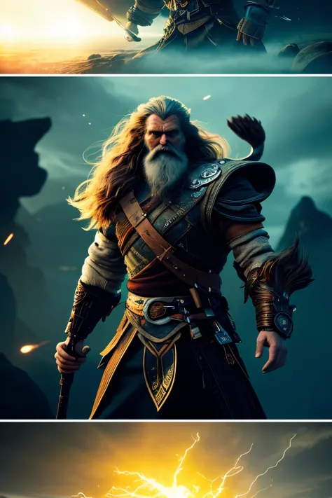 A futuristic Viking god with long beard and hair, wielding two divine hachas in each hand, boldly fighting against the darkness. This high-definition 8K image captures the gods fierce and determined expression with every detail visible, showcasing the intr...