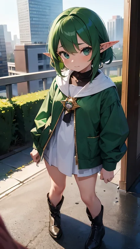 girl, short stature, elf ears, Emerald hair, in a modern city, owns magic