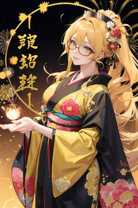 "anime girl, 1 person, bright blonde hair, yellow eyes, glasses, crown on head, female kimono, yellow kimono with black trim with intricate patterns, big breasts, long stockings, standing cross-legged, angle  view from different directions, solo,  smiled g...