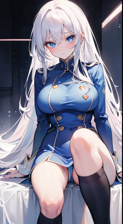 Long white hair, blue eyes, with heart shape pupils in  blushing while sitting, wearing a sexy uniform, medium breast.